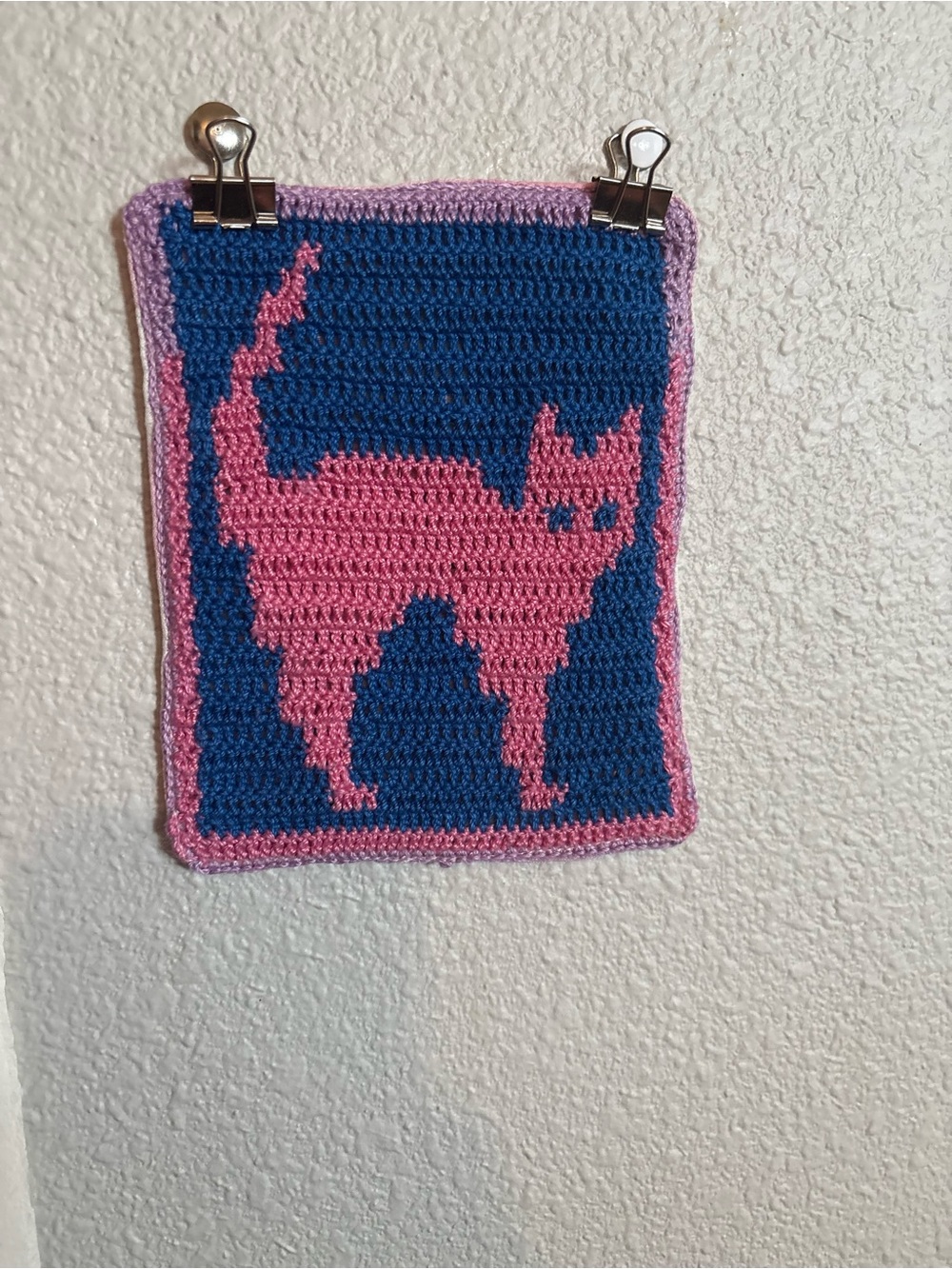 Handmade Pink Cat Crochet Wall Art or Sew-on Patch - Home Art Fiber Arts